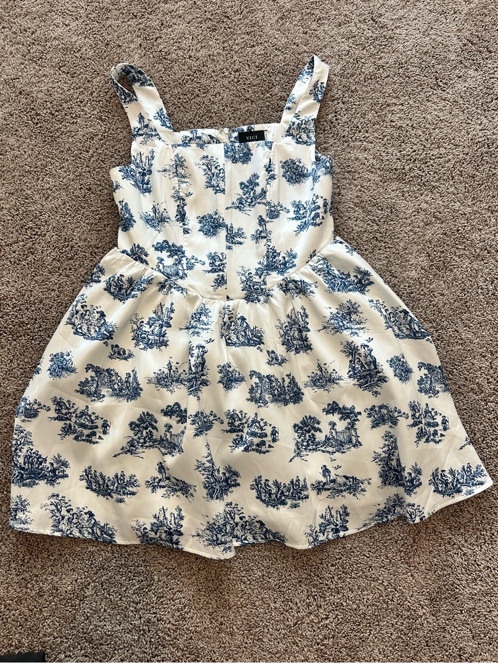VICI Blue White Toile Print Fit & Flare Mini Dress Large Corset Style